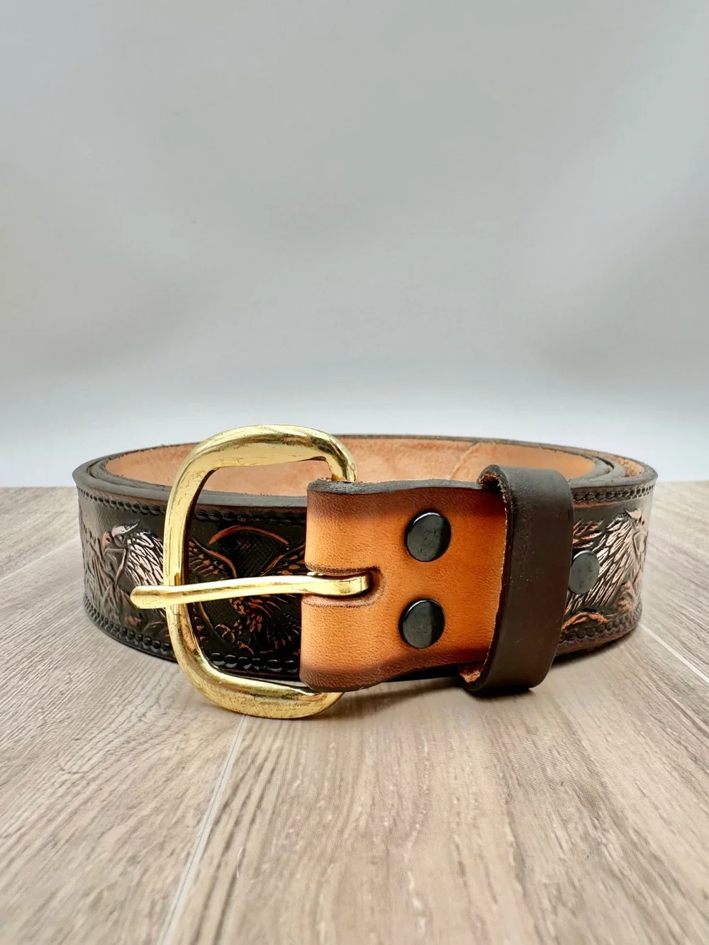 Western Eagle Tooled Leather Belt Full Grain Cowhide Handmade Heavy Duty  Sz 42